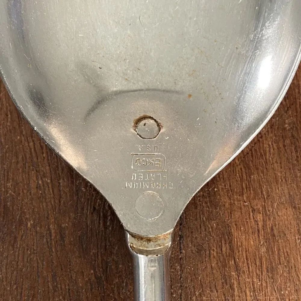 Vintage Ekco Serving Spoon Chromium Plated Metal Black Wood Handle USA Made